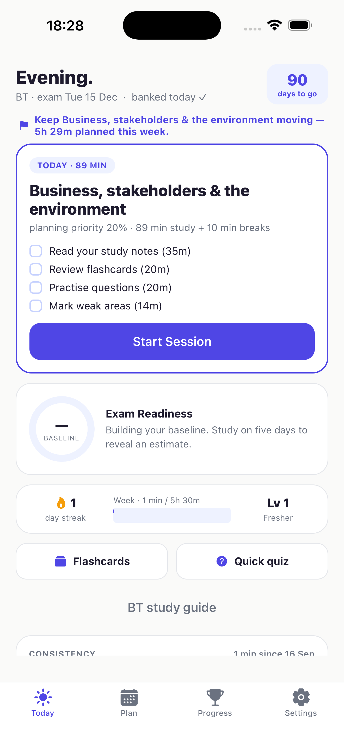 PassPath Today screen showing a Business and Technology study session, a Start Session button, and recorded study progress.